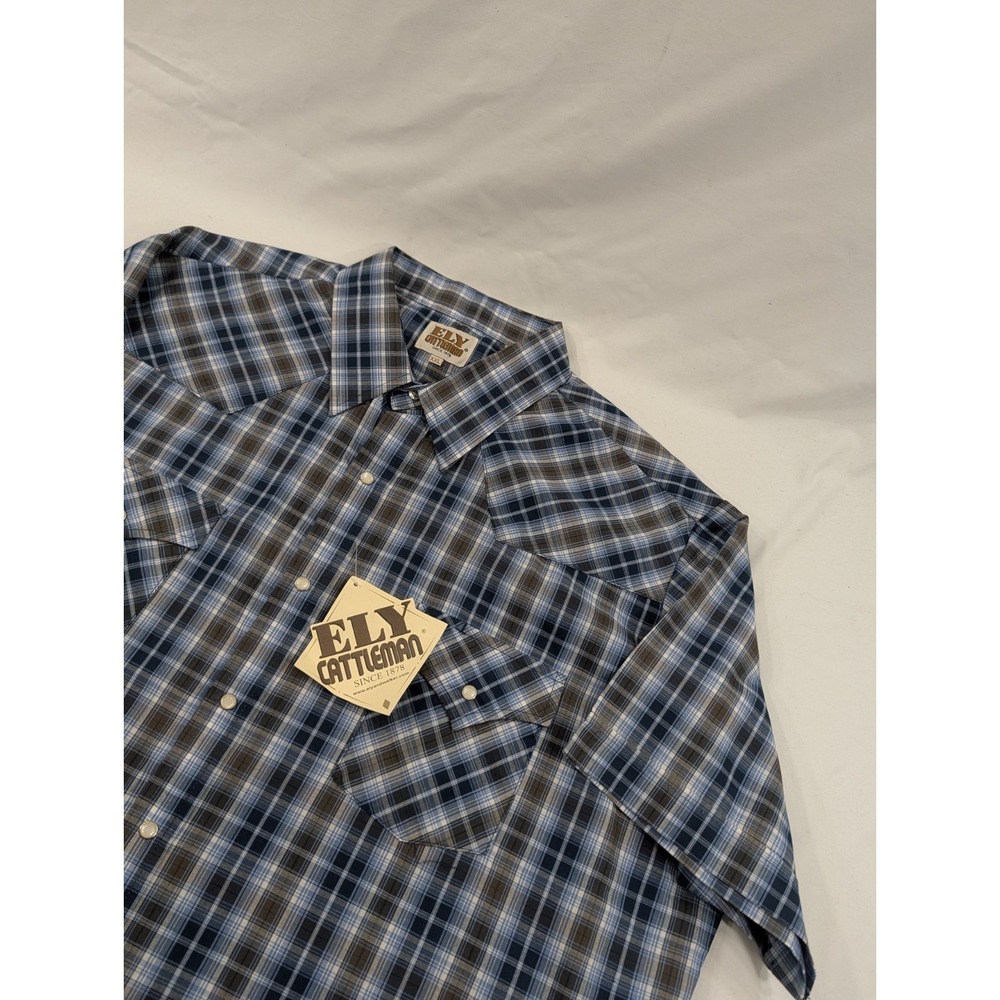 NWT Ely Cattlemen Pearl Snap Western Shirt Mens‎ XXL Blue Plaid Short Sleeve
